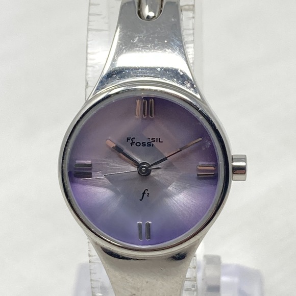 Fossil F2 Watch Women 23mm Silver Tone Purple Faceted Dial 30M New Battery 6.25" - Picture 2 of 15